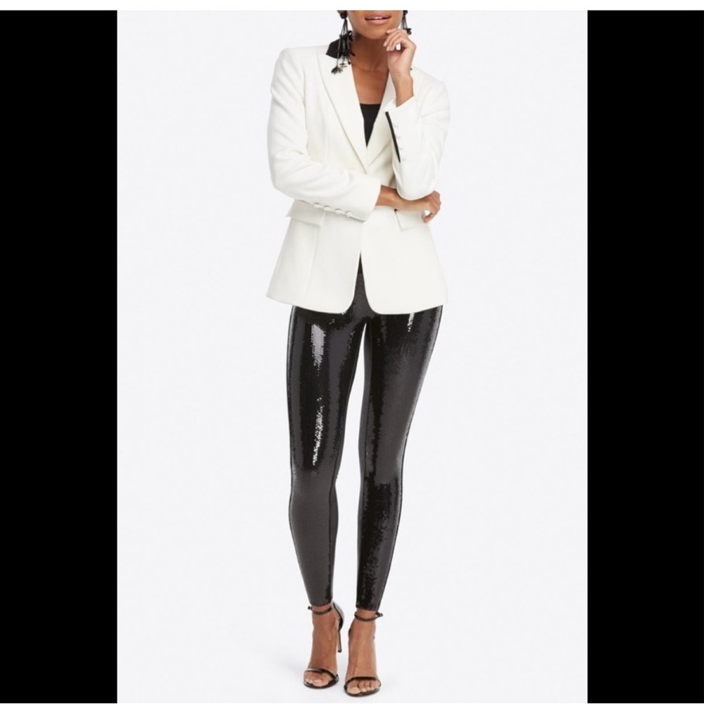 Spanx Sequined Faux-Leather Leggings Black Like New Control Top Stretch Small